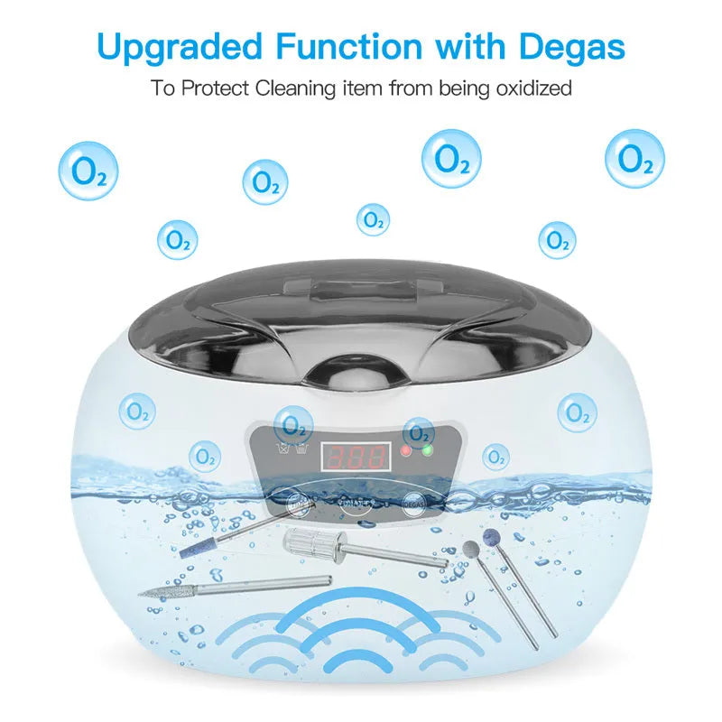 White blue ultrasonic cleaning machine with digital control panel on a countertop, 40KHz household appliance