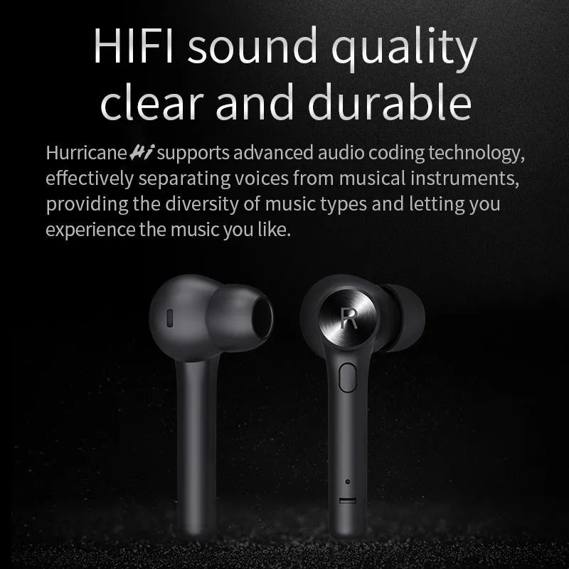 Black true wireless stereo Bluetooth headset earbuds on a white background.