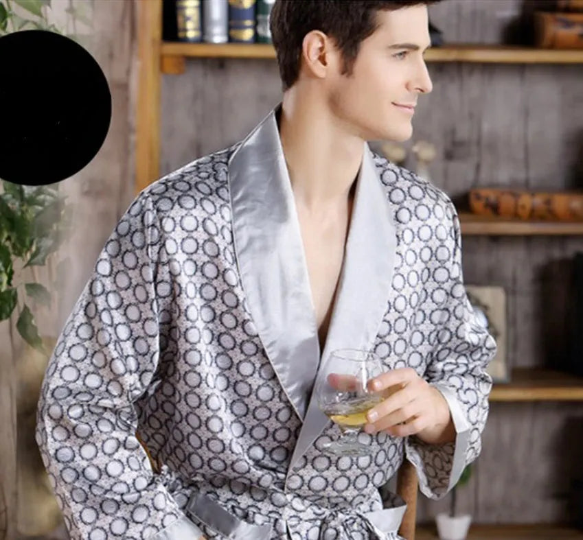 Men's 95% silk long sleeve cardigan nightgown in deep earthly gold with lapel collar, summer sleepwear