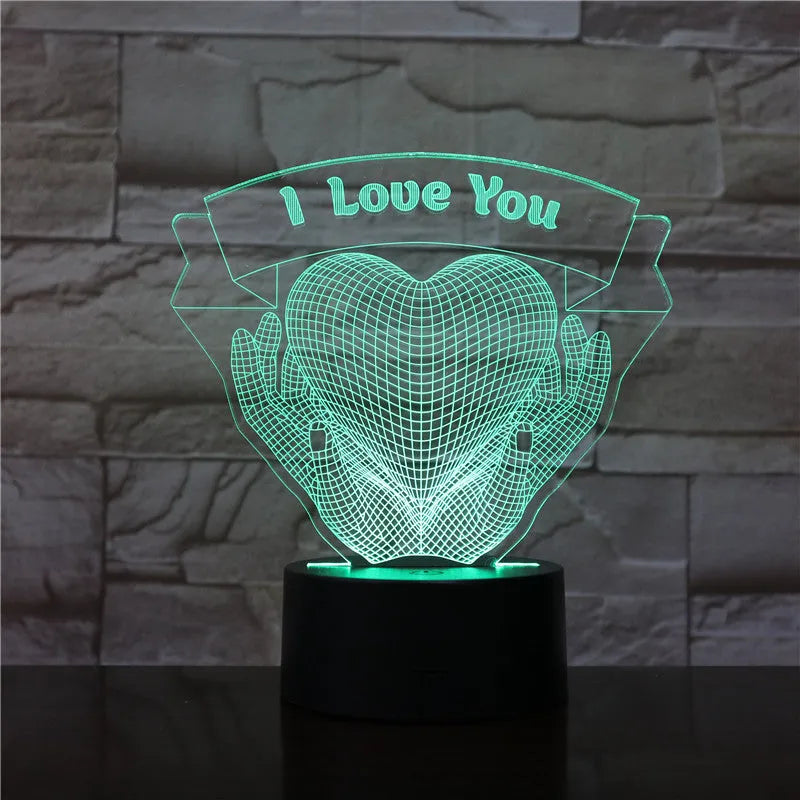 3D night light with hands holding love heart design, acrylic board, ABS base, seven colours