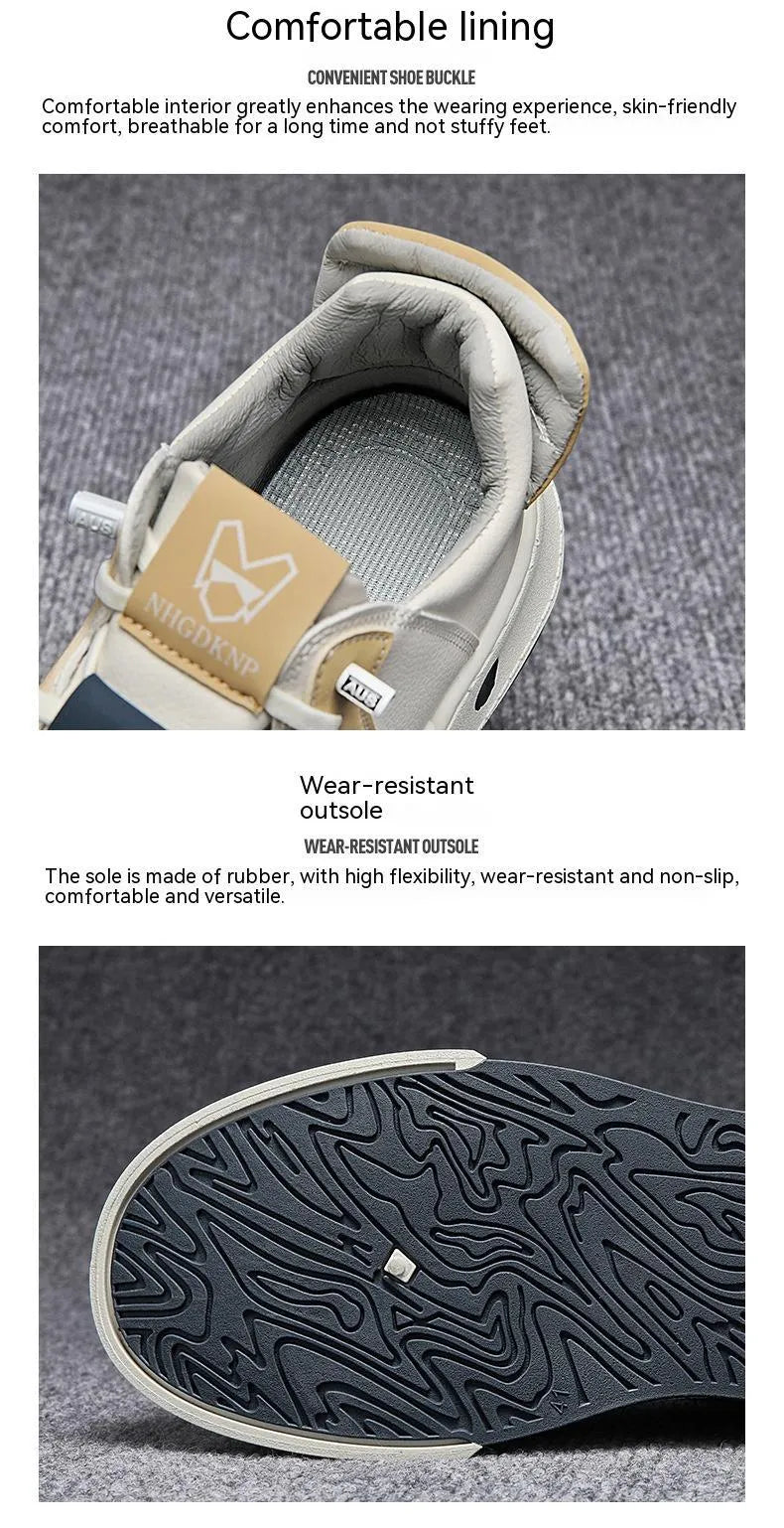 Men's beige low-top sneakers with elastic band closure and leather stitching detail on microfiber upper