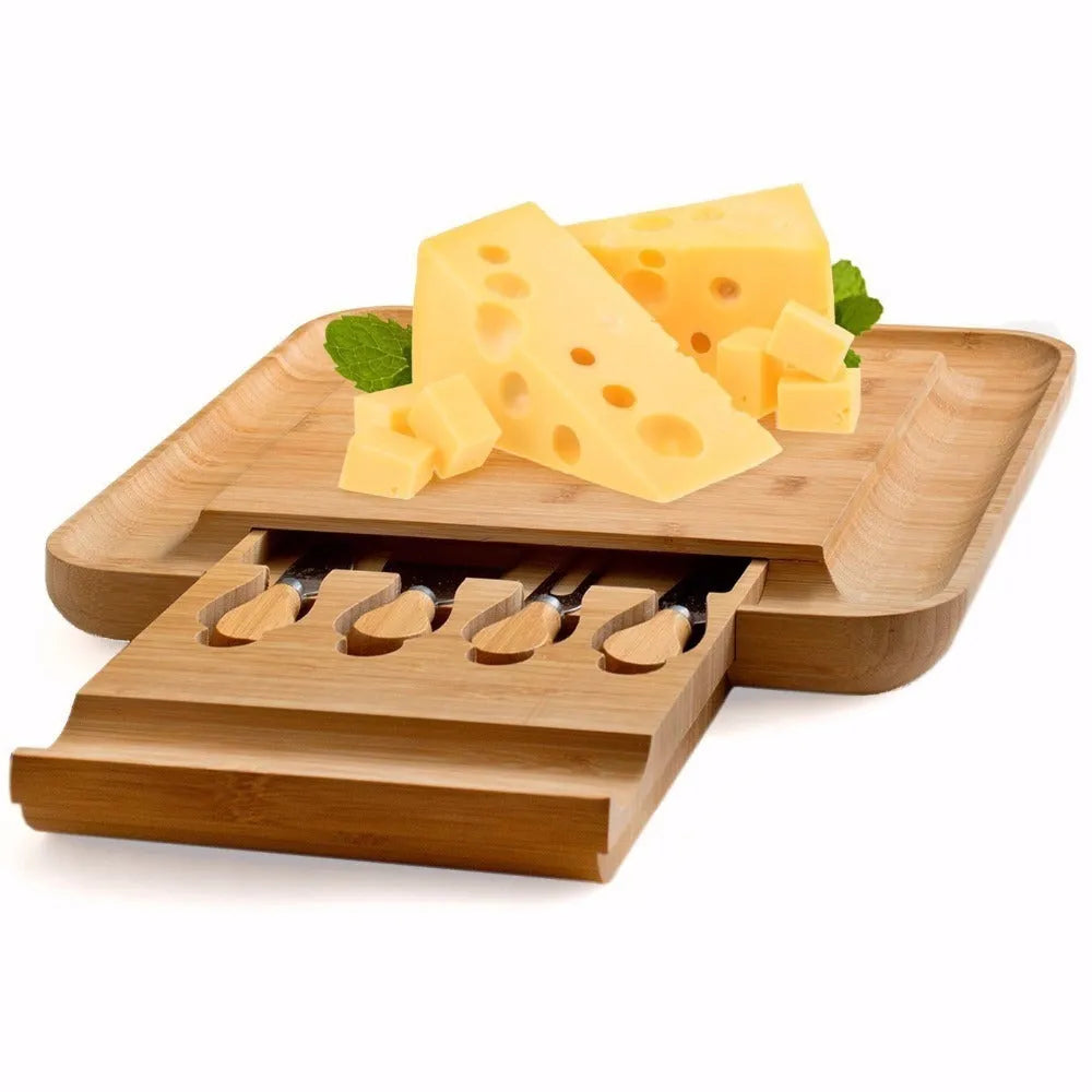 Square bamboo cutting board in wood colour with four knives and forks arranged on top