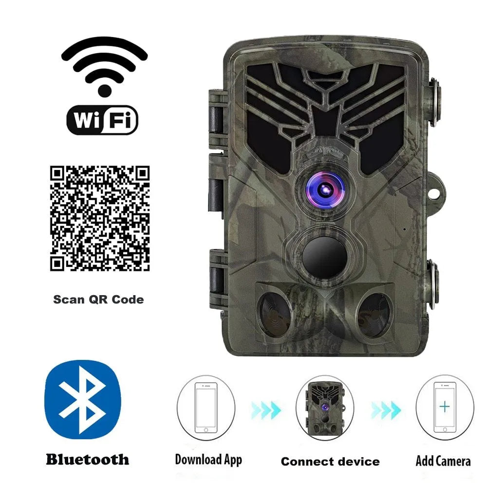 Wifi830 trail camera with camouflage finish, showing lens, IR LEDs, and mounting strap.