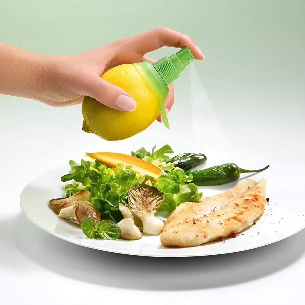 Green lemon sprayer with screw-in juicer design and PVC silicone ring at the nozzle for direct fruit juice extraction