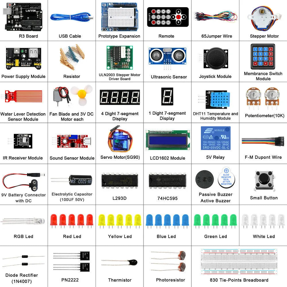 LAFVIN Arduino UNO R3 Super Starter Kit with blue board, components, and tutorial CD