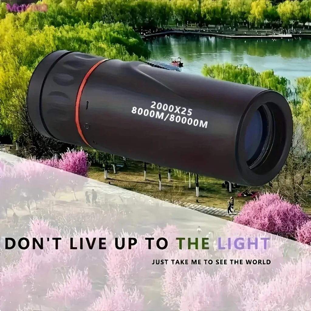 Black monocular telescope with rubber exterior and mobile phone attachment holder