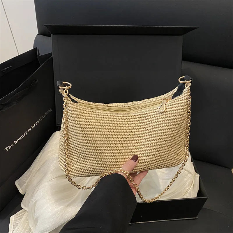 Horizontal square straw woven beach tote bag with sandwich pocket and internal phone compartment
