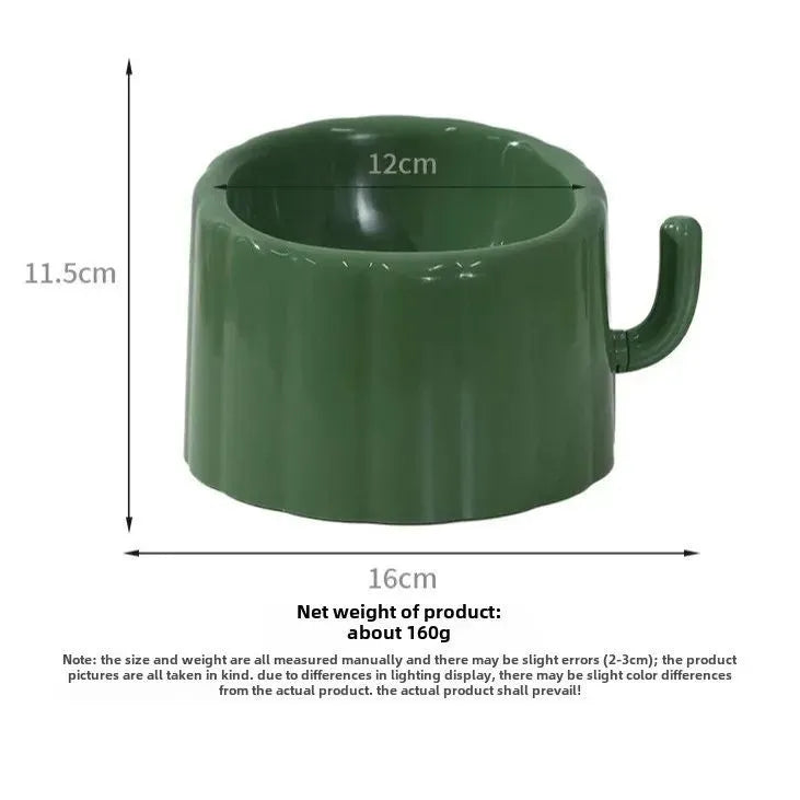 Dark green ceramic cat bowl on a raised cactus-design stand with wide rim and anti-slip base.