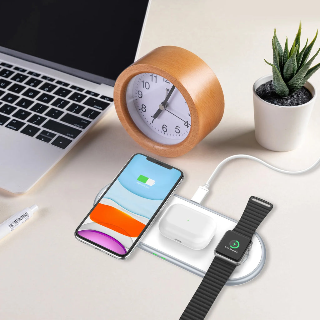 3 in 1 wireless charger in black or white, 21 x 8.5 x 0.8cm, with dual coil pad for iPhone, Apple Watch and AirPods