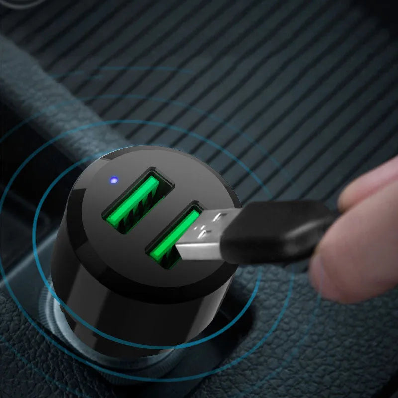 Black dual USB car charger with QC3.0 fast charge output and aluminium alloy body