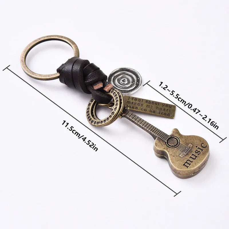 Alloy guitar keychain pendant with cowhide woven charm in retro design