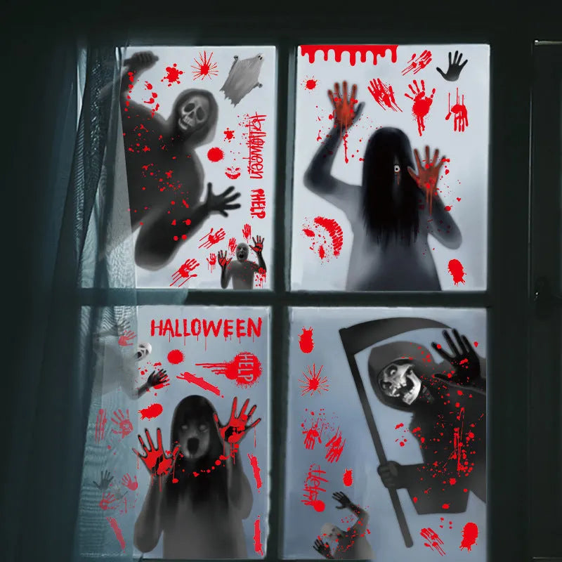 Halloween electrostatic sticker set with female ghost and skull motifs on window