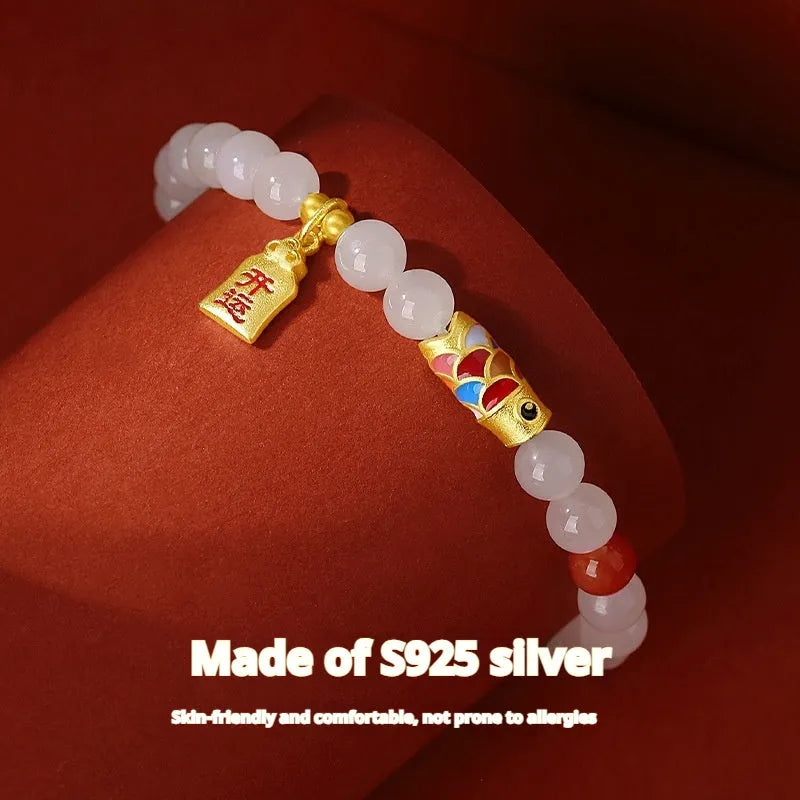 S925 sterling silver cold enamel koi Hetian jade bracelet with animal zodiac design