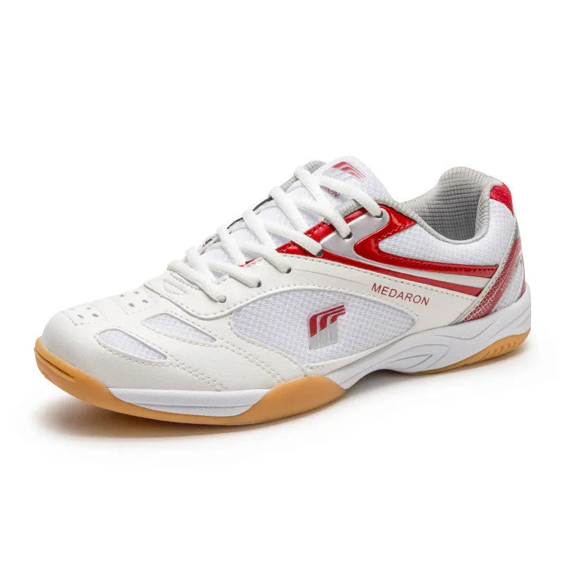 White and blue table tennis sneakers with lace-up front, round toe, and rubber sole.