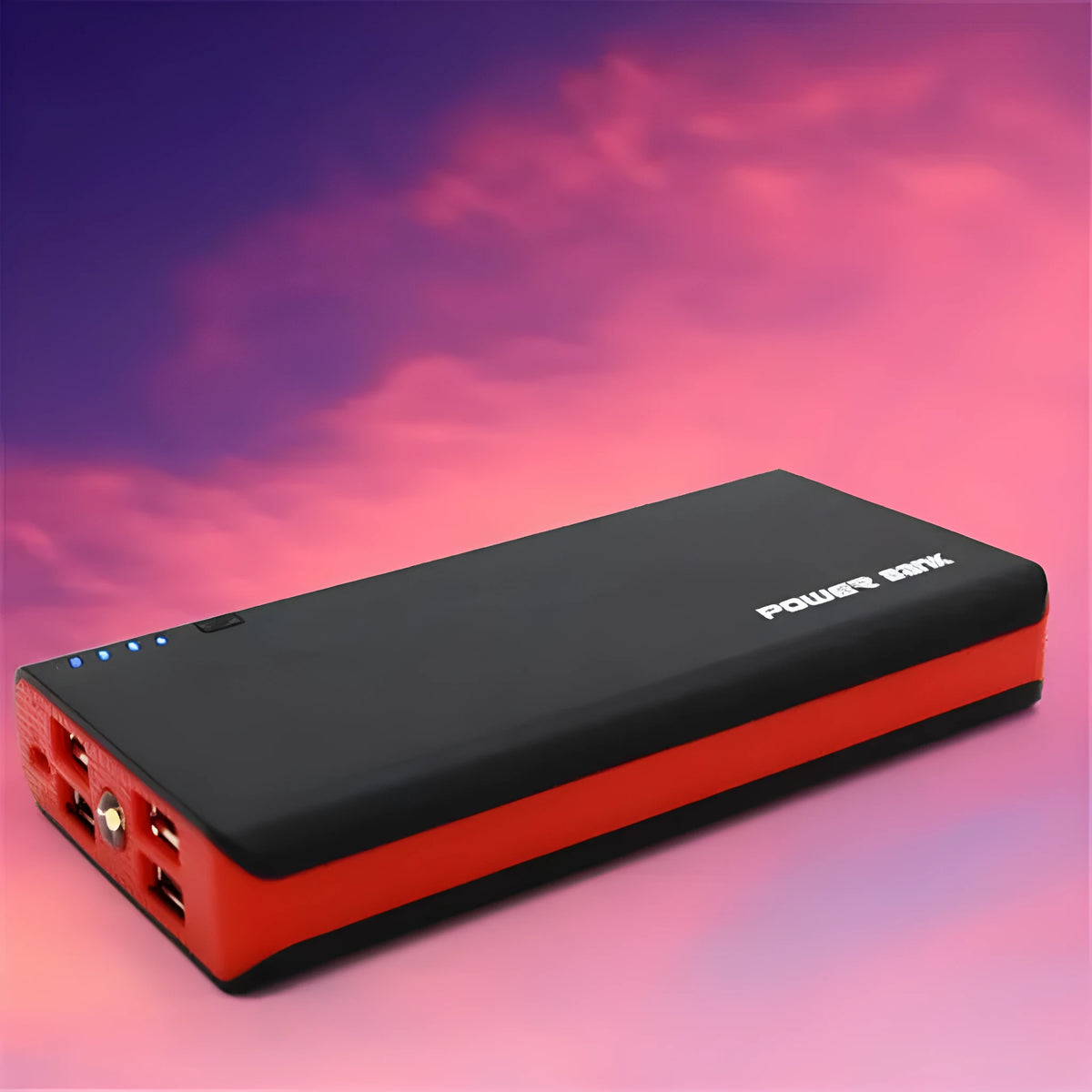 20000mAh portable power bank in multiple colours showing dimensions and fast charging label.