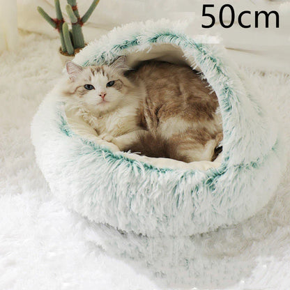 A soft, plush pet bed in various colors, including olive green, brown, pink, and grey, designed for the comfort and relaxation of cats and dogs.