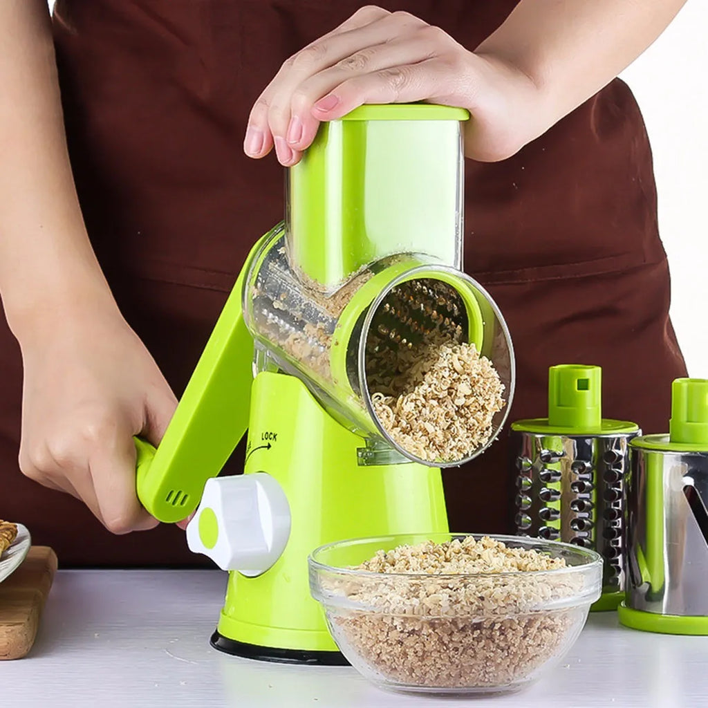 Mandoline slicer vegetable cutter with three stainless steel blades in blue green colour