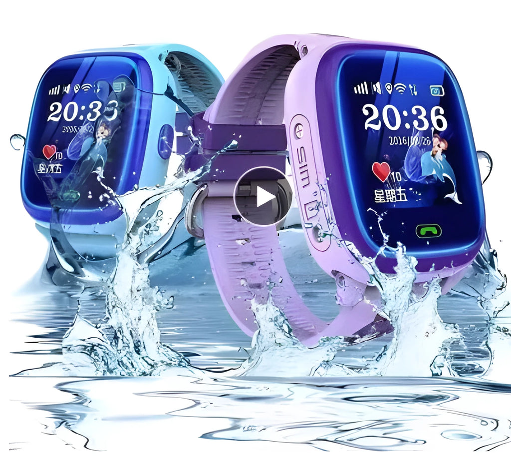 Blue children's waterproof smart watch with touch screen and silicone wristband showing SOS button