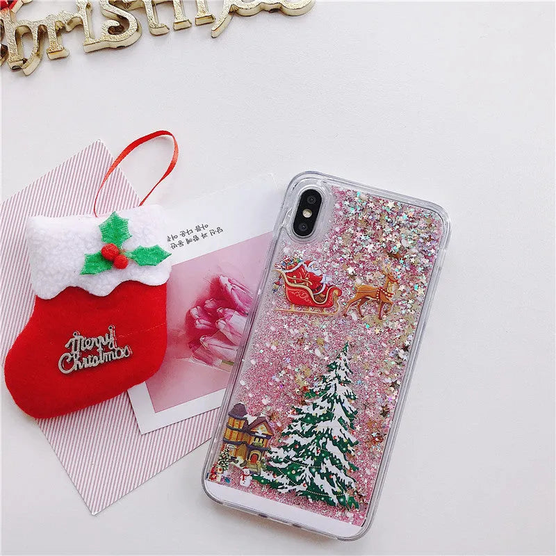 Quicksand effect transparent double-layer phone case for iPhone and Samsung models in various colours.