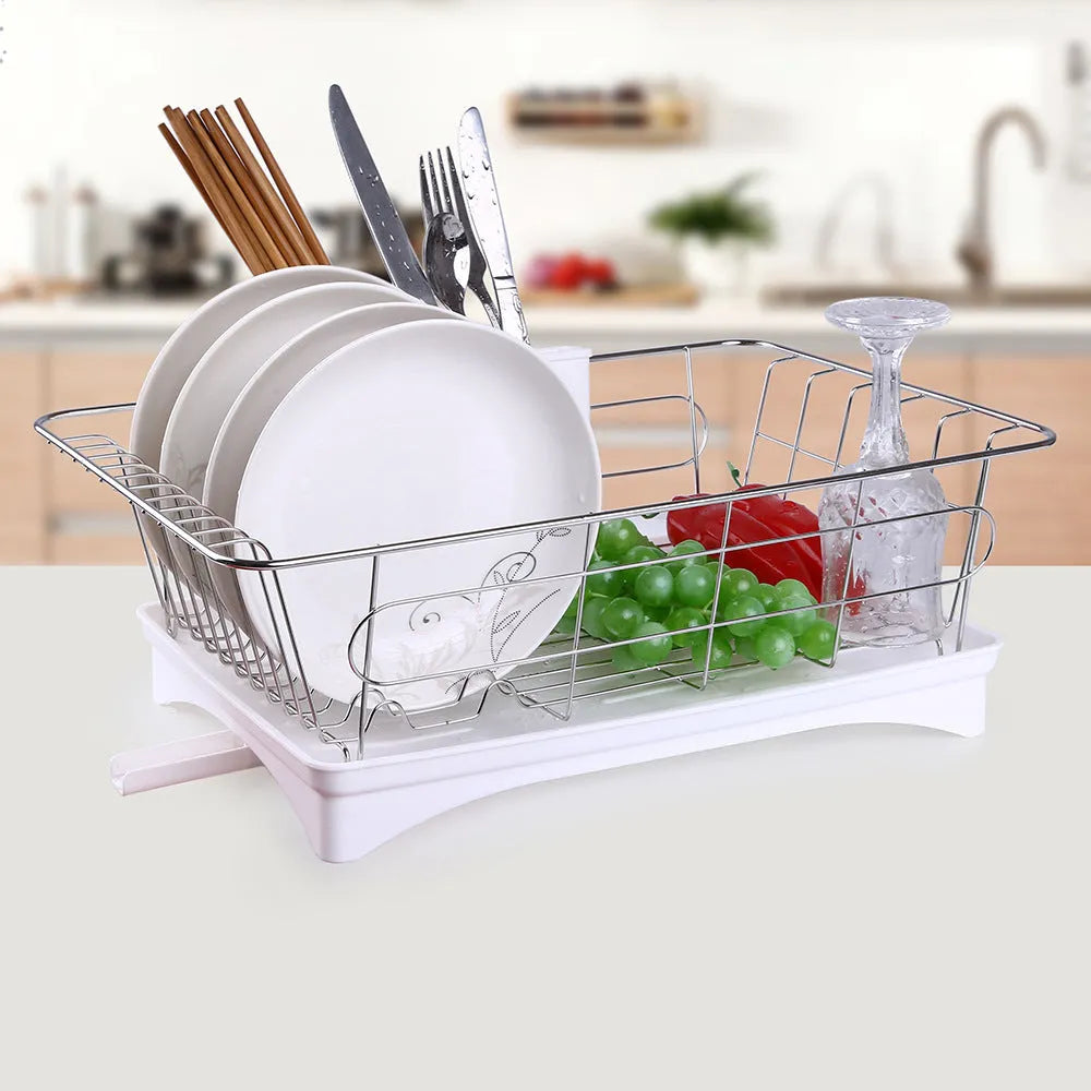 Stainless steel dish drying rack with black plastic drain board and cutlery holder