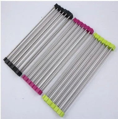 Folding stainless steel and PP kitchen sink drying rack shown in red, collapsed and open.