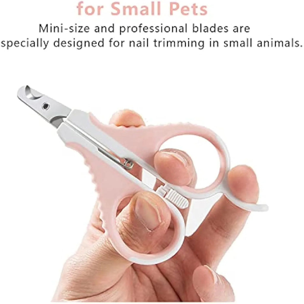 Grey and pink angled stainless steel cat nail clippers with safety lock for small pets.