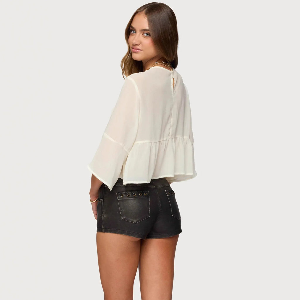 Women's milky white chiffon t-shirt with batwing sleeves and short length