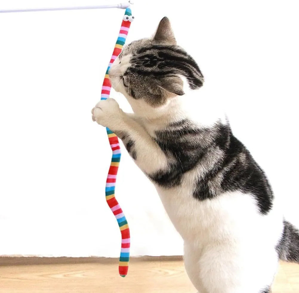 Cat wand toy with colourful plush strip and bell on a polycarbonate pole.