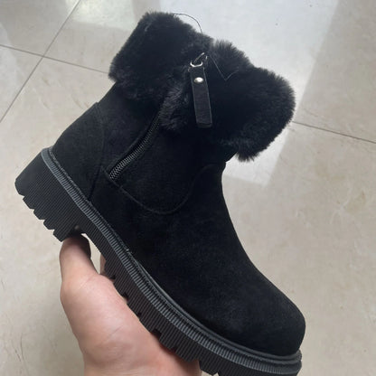 Cozy plush winter boots for women with side zipper, available in beige and black colors