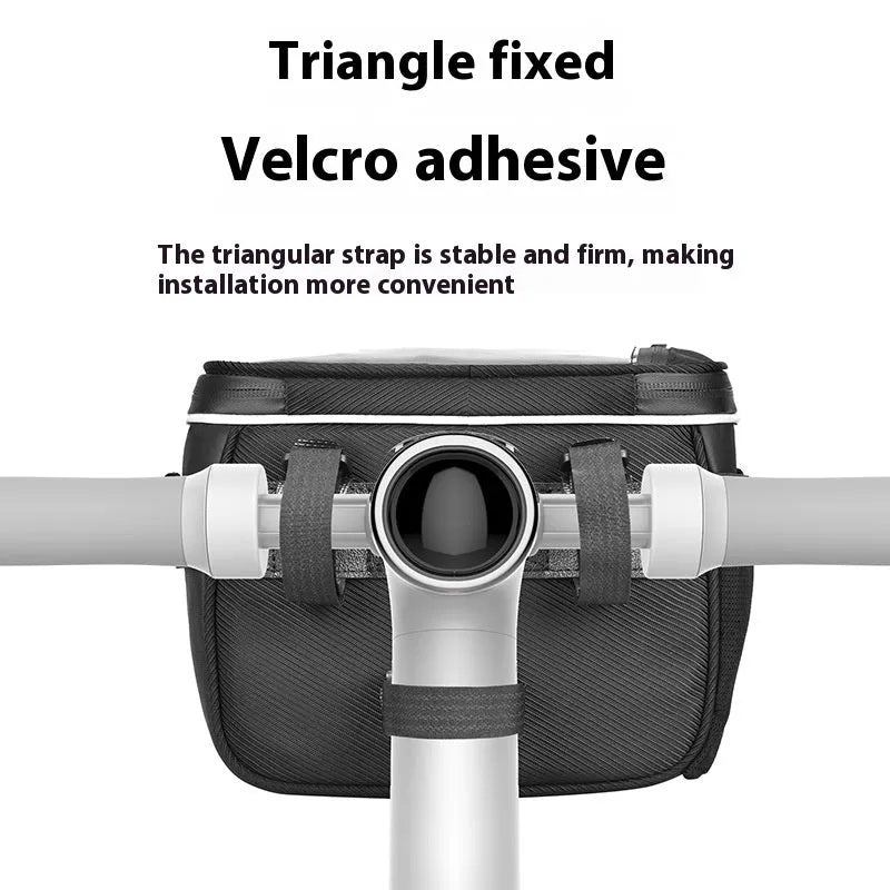 Black 7 inch polyester bicycle handlebar bag mounted on bike