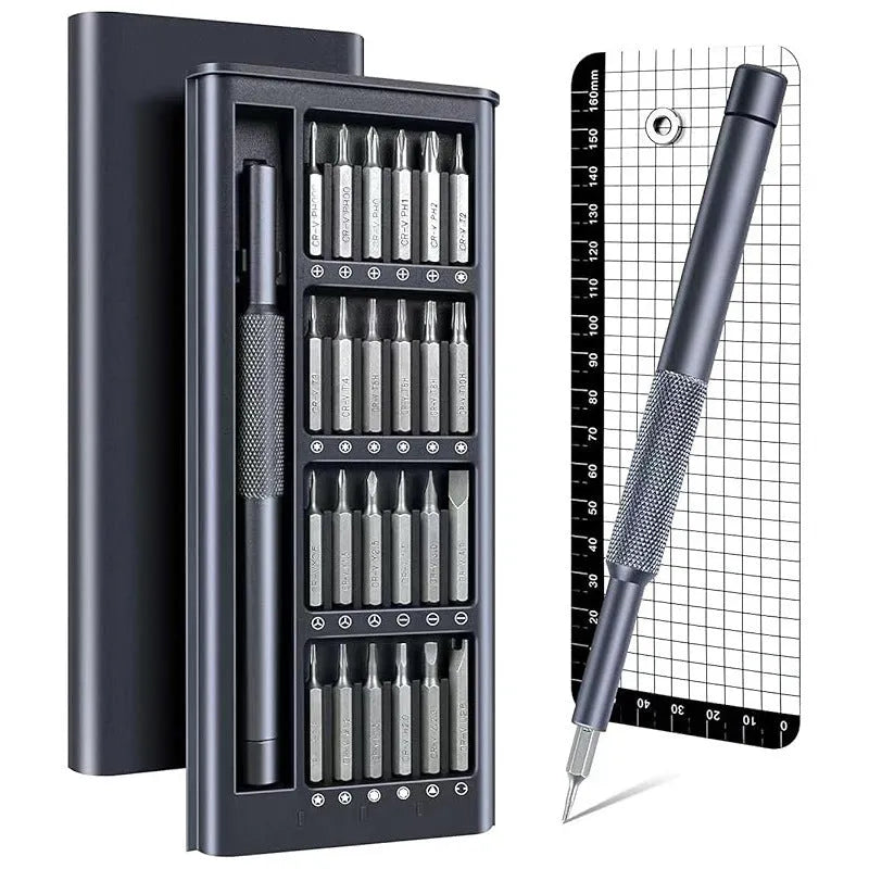 25-in-one magnetic screwdriver set with knurled handle, showing precision bits and a length of 110 mm.