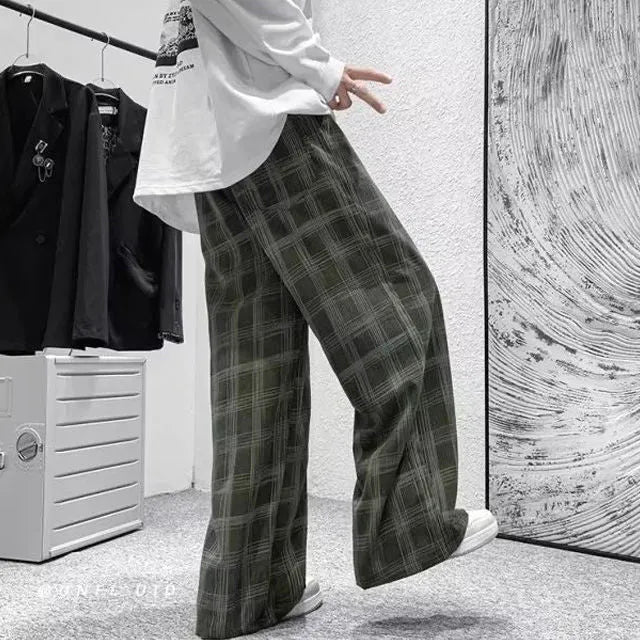 Japanese retro plaid loose pants in straight-leg cut, available in black or green