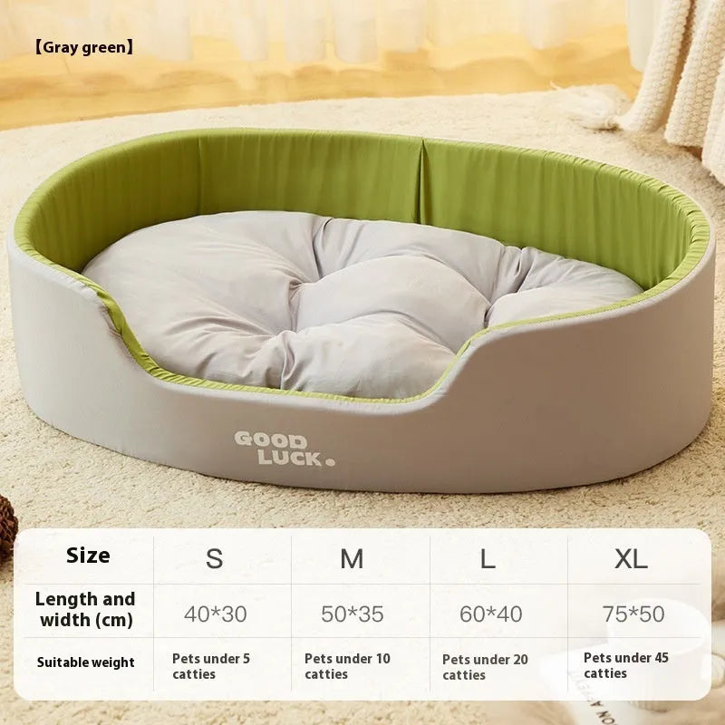 Four seasons universal cat bed in PP cotton, plush windproof nest, grey green washable option, sizes S to XL