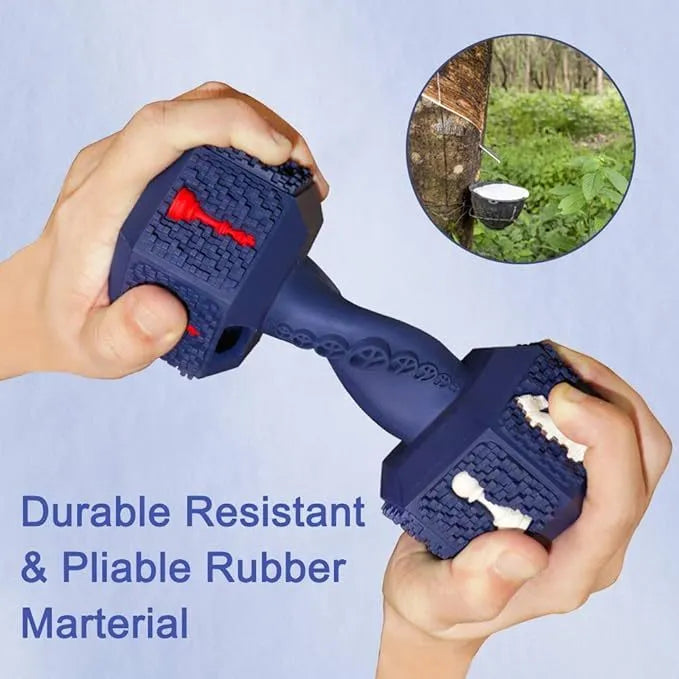 Blue rubber dumbbell-shaped dog chew toy with textured surface and hollow ends.