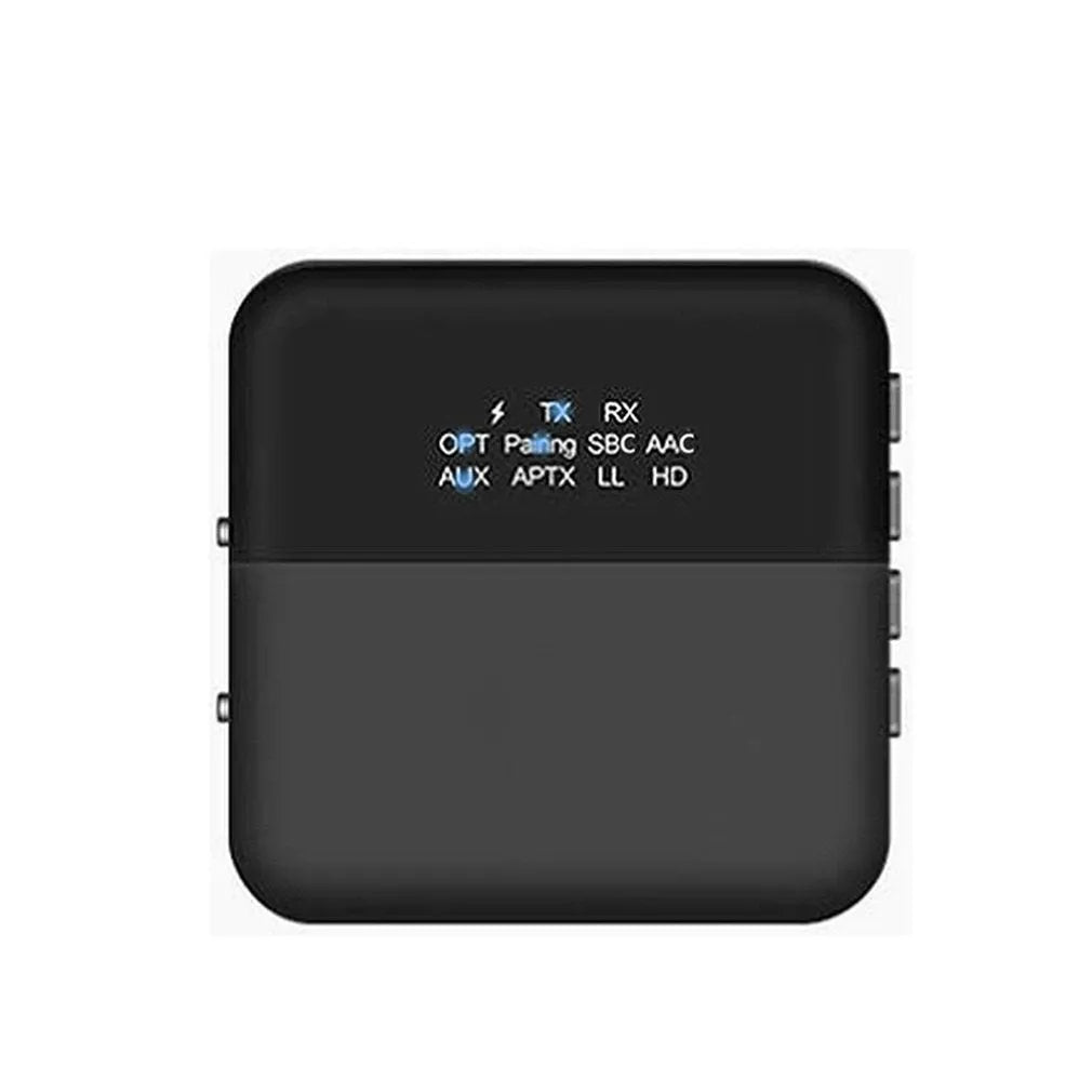 CSR8675 Bluetooth 5.0 adapter receiver in black with Micro USB charging port and AUX input
