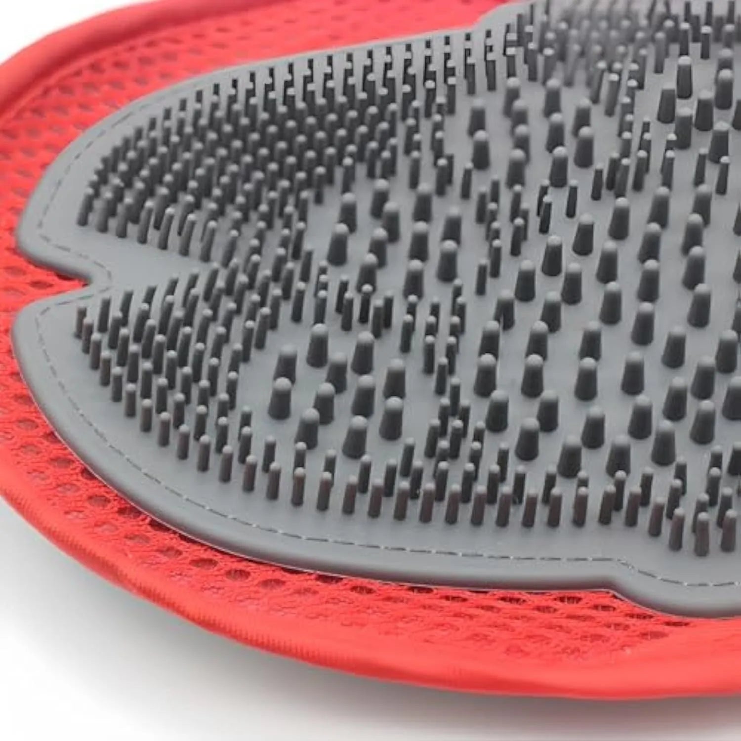 Red pet bathing glove with rubber brush surface for grooming and massage functions