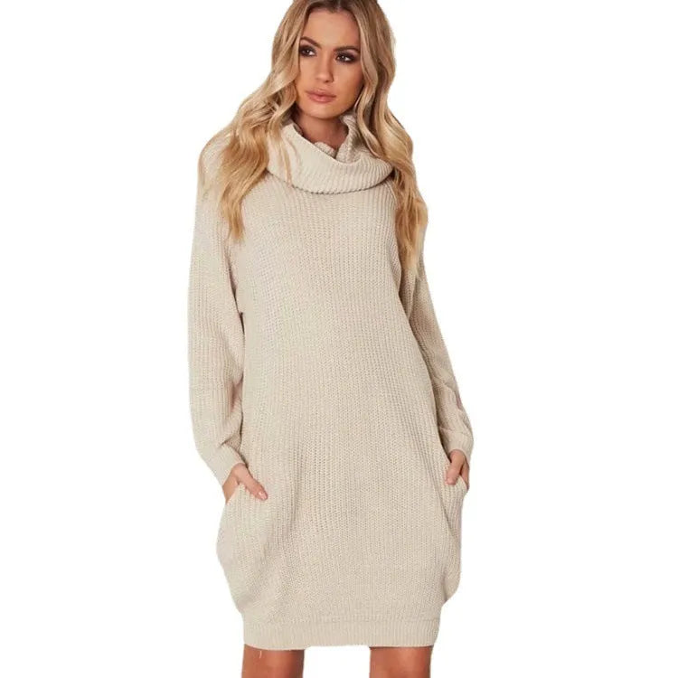 Ladies' mid-length pullover sweater with pocket in imitation cashmere fabric