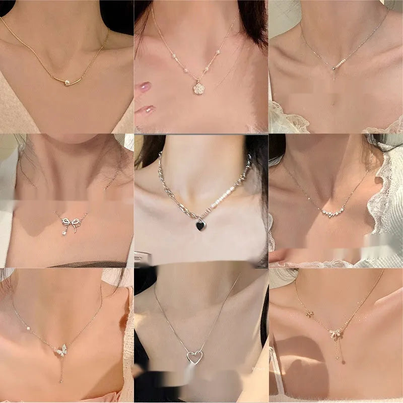 Titanium steel necklace with flower-shaped pearl pendant and adjustable chain