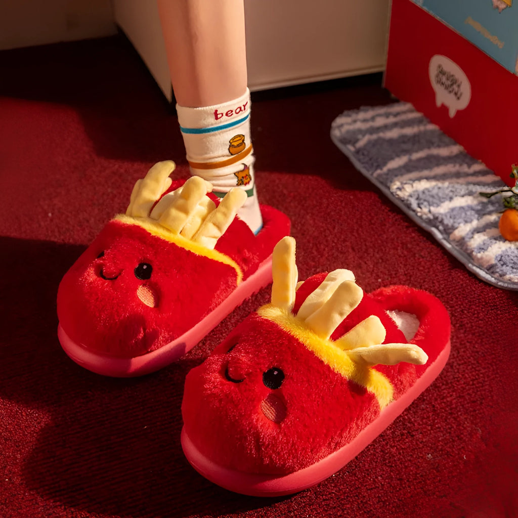 Women's cotton slippers with suede upper, EVA sole, French Fries cartoon design, indoor home wear