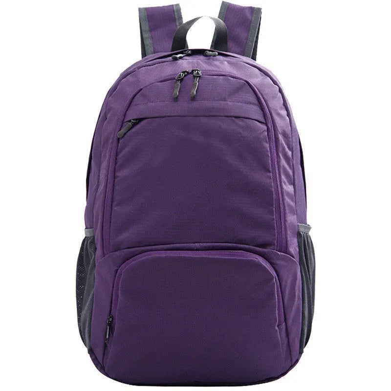 A 26-inch waterproof Oxford cloth backpack in a solid colour, shown folded and unfolded.