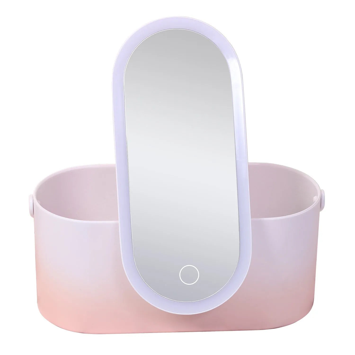 Pink gradient portable LED makeup mirror storage box with open lid showing silver mirror and storage compartment.