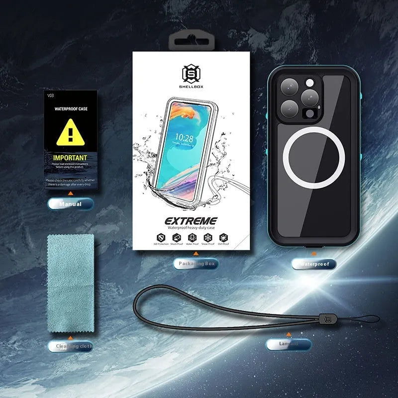 Waterproof anti-fall phone case for iPhone 16 in black dark gray, black red and black grass blue, made from PC, TPU and PET.