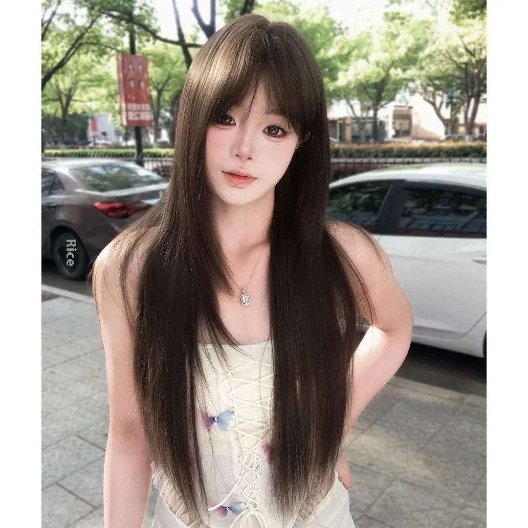 Brown-black high-temperature fibre ladies wig with head cover on display