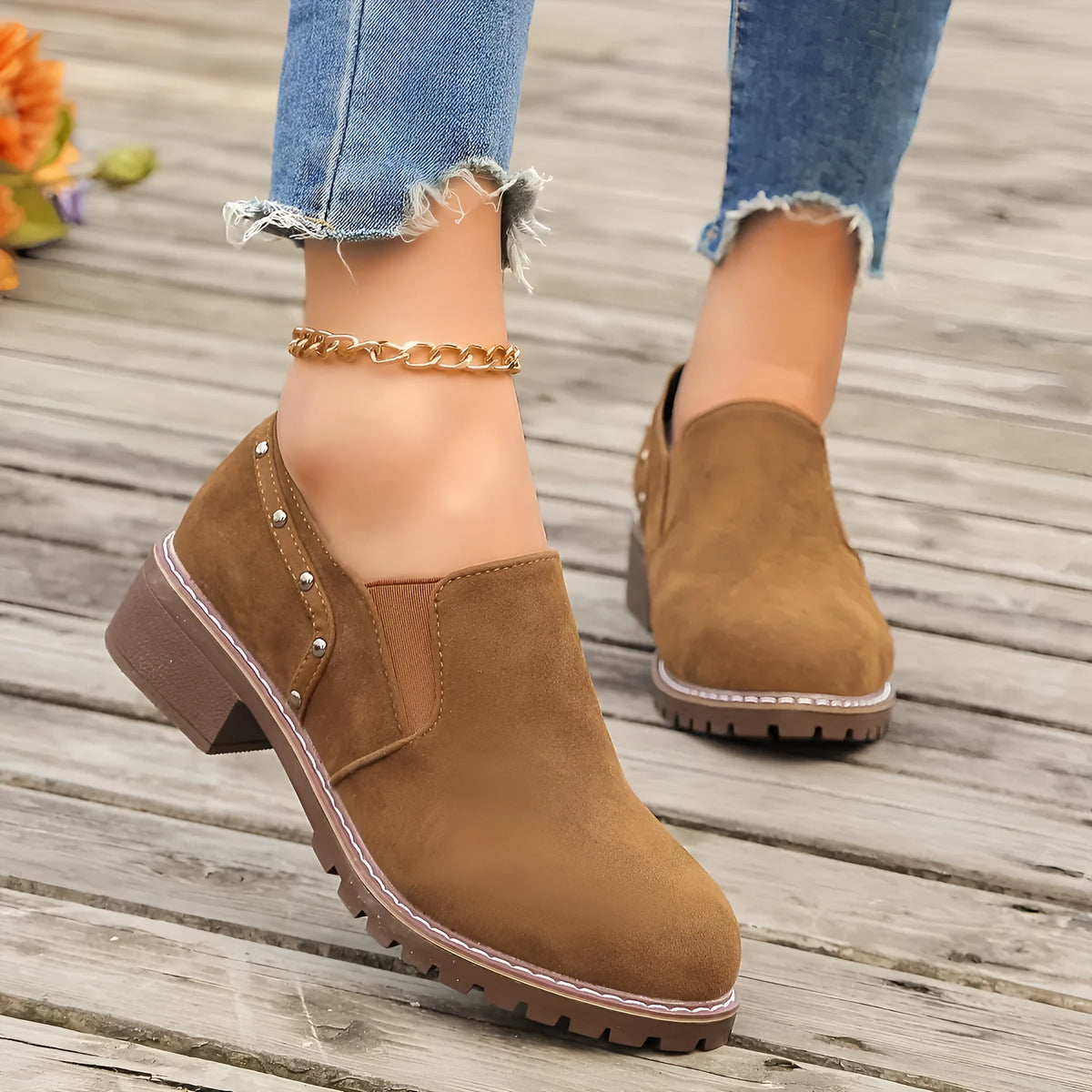 Plus size suede ankle boots with low chunky heel under 3cm, elastic band and metal detail in black or light brown