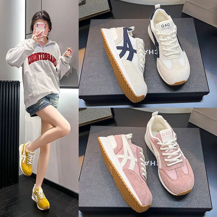 Women's white lace-up casual sneakers with non-slip soles and low-top design