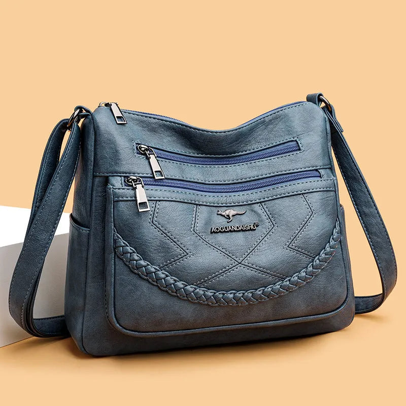 Soft black PU leather crossbody shoulder bag with a horizontal square shape and large capacity