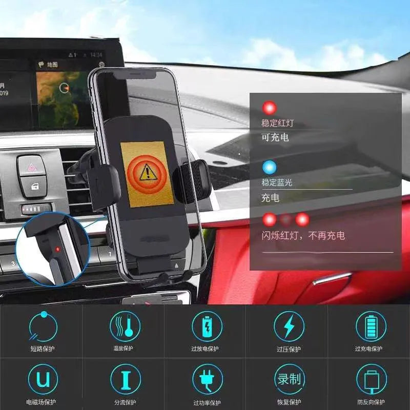Black car wireless charging stand with 15W fast charging, shown with air vent clip and dashboard tripod mounting options.