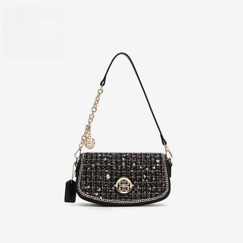 Black polyester crossbody underarm chain shoulder bag for commuting and leisure travel with chain detail