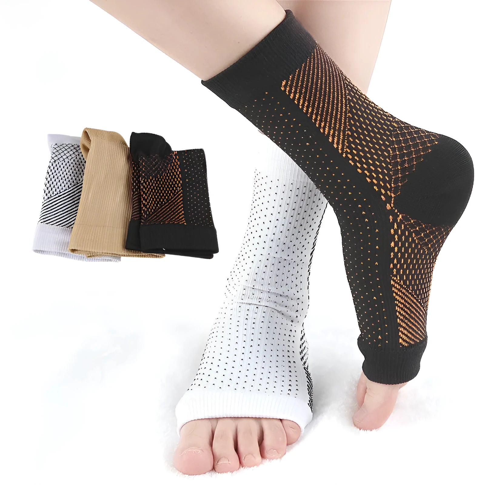 Korean invisible heel sports compression socks in black, white, skin and copper colours with short tube length