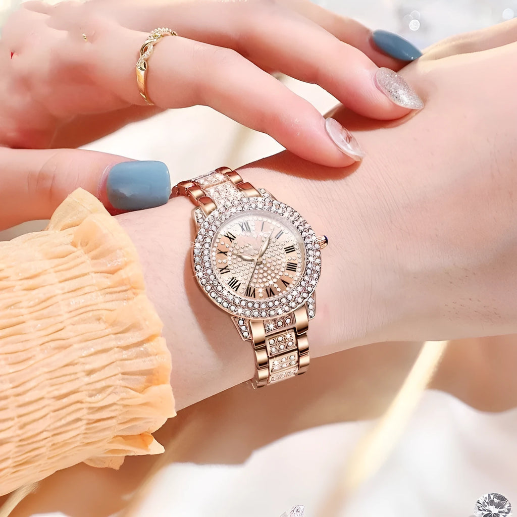Ladies quartz watch with 32mm dial, steel belt, stainless steel butterfly clasp, Roman or diamond face